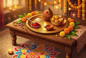 Bhai Dooj puja thali with diya, roli, rice, sweets and marigold flowers