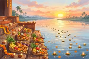 Happy Chhath Puja wishes – river ghat at sunrise with soop baskets, sugarcane, thekua and diyas