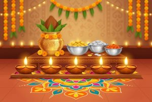 Happy Dhanteras wishes illustration with glowing diyas, brass kalash, gold coins and rangoli at a decorated doorway