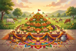 Govardhan Puja Annakut offering with diyas, marigolds and rangoli